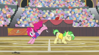 Pinkie Pie kicks buckball over stallion's head S9E6