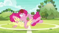 Pinkie Pie falls on top of Fluttershy S6E18