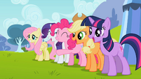 The main ponies cheering the pets on