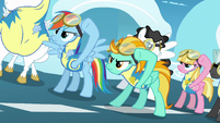 Rainbow Dash and Lightning Dust putting goggles on S3E7