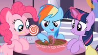 Rainbow Dash playing with the chocolate bowl S2E9