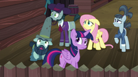 Twilight, Fluttershy, and McColts see tomatoes rain down S5E23