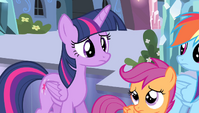 Twilight and Scootaloo worried about Spike S4E24