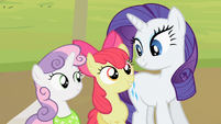 Sweetie Belle and Apple Bloom stand next to Rarity S2E05