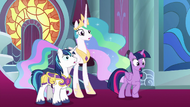 Twilight, Celestia, and Shining Armor shocked S9E4