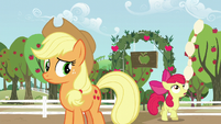 Apple Bloom balances a tower of bowling pins on her nose S5E17