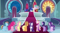 Celestia addressing Mane Six and Cadance S8E25