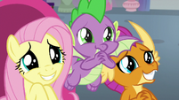 Fluttershy, Spike, and Smolder with pleading eyes S9E9