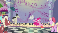 Pinkie Pie piano-slides under stallion and Tornado Bolt S6E3