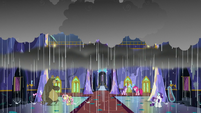 Rain pours down on the castle foyer S6E21