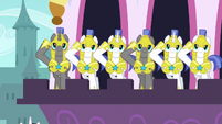 Layout/animation error: three of these guards are Alicorns.