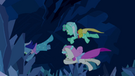 Minuette, Lyra Heartstrings and Twinkleshine jump after the bouquet S2E26
