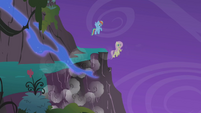 Rainbow Dash and Fluttershy dive in to save them.