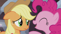 Pinkie Pie tells Applejack to cheer up S5E20