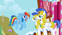 Apparently, Rainbow thought impersonating Derpy would get a rise out of the guards. It didn't.