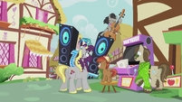 DJ and Octavia about to crash into Button, Hughbert, and Dance Fever S5E9