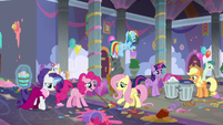 Mane Six cleaning up the party mess S9E7