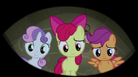 Cutie Mark Crusaders looking down at Trouble Shoes S5E6