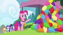 Pinkie Pie angry and pointing at pompoms S4E10