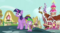 Twilight and Spike hear Applejack and Pinkie Pie laughing S5E22