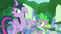 Twilight pointing and Spike --And he's a dragon!-- S5E26