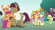 Holiday and Lofty watch Scootaloo hug her parents S9E12.png