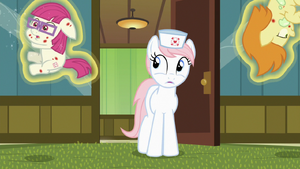 Nurse Redheart enters the sick foals' room S7E3