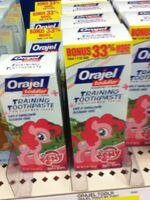 Pinkie Pie on an Orajel Training Toothpaste box.