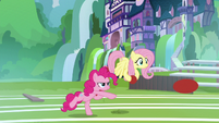 Pinkie and Fluttershy hurling buckballs S9E15