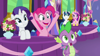 Rarity, Pinkie, and Spike smiling again S7E1
