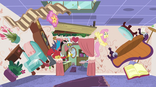 Discord and Fluttershy surrounded by chaos S7E12