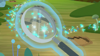 Magnifying glass over dirt footprints S8E17