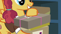 Orange pony holding boxes.