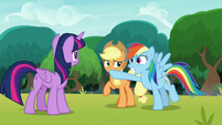 Rainbow plugging Applejack's mouth S8E9