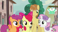 Cutie Mark Crusaders agree to help Feather Bangs S7E8