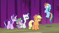 Rainbow Dash's friends scowling at her S8E7