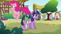 Pinkie Pie bouncing around Twilight and Spike S3E3