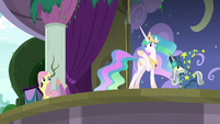 Princess Celestia waving at Fluttershy S8E7