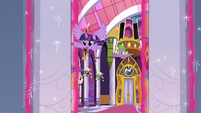 Twilight and Spike fly into the throne room S9E4