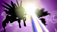 Celestia and Luna firing a beam at King Sombra S03E01