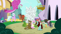 Creatures around statue of the Mane Six S9E26