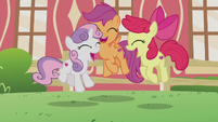 Cutie Mark Crusaders jumping for joy S5E18