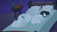 Pillows and Goldie's cat bunched up on bed S8E5