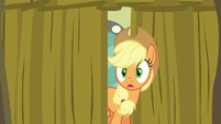 Applejack peeking behind the backstage curtain S6E20