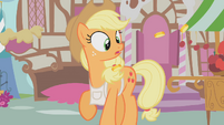 Dr. Hooves hurriedly tosses Applejack some bits before running away from the apple stand.