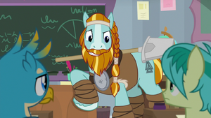 Rockhoof leaning on teacher's desk S8E21