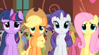 Twilight, Applejack, Rarity and Fluttershy see Appleloosa flag S01E21