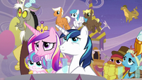 Cadance, Shining, Flurry, and Discord at coronation S9E26