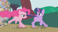 Pinkie galloping next to Twilight S1E10