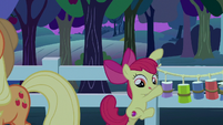 Apple Bloom climbs down from fence S9E10